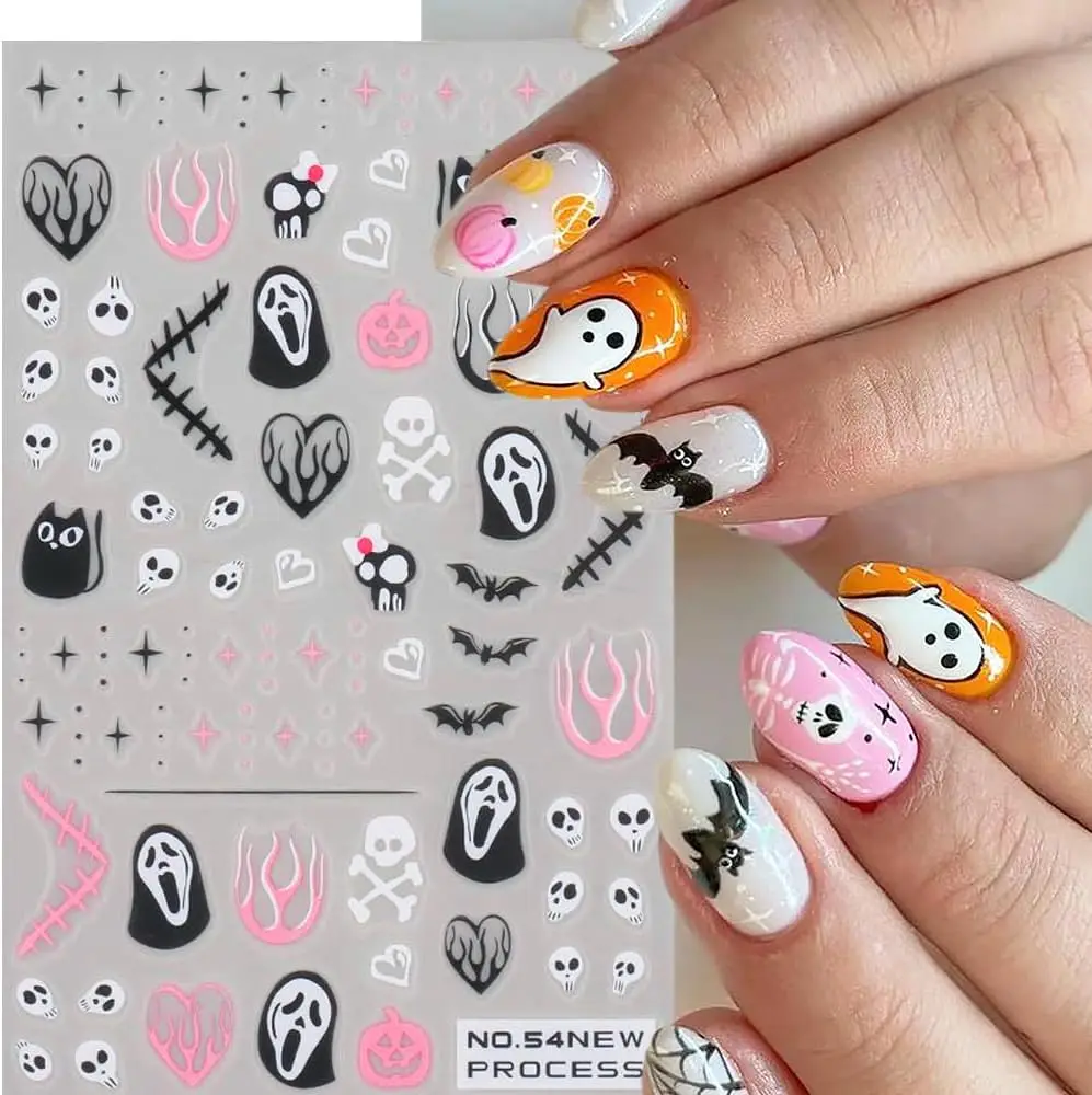 Adesivos para unhas fantasma rosa de Halloween – Decalques DIY para arte em unhas com designs assustadores: esqueletos, morcegos, fantasmas rosa e teia de aranha