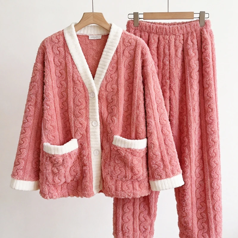

Winter Pajamas Padded Cardigan Long-Sleeved Women Homewear Suit Thickened Trousers Warm Sleepwear Two-Piece V-Neck Nightwear