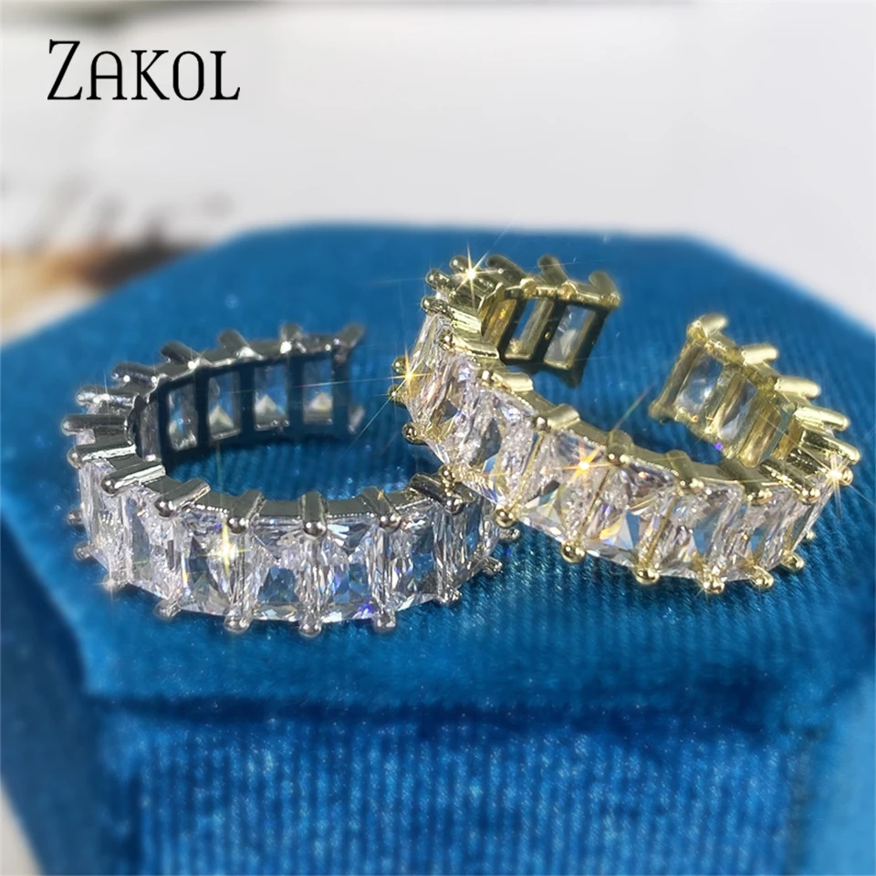 ZAKOL Luxury Rectangle Cubic Zirconia Open Rings for Women White Gold Color Fashion Party Jewellery