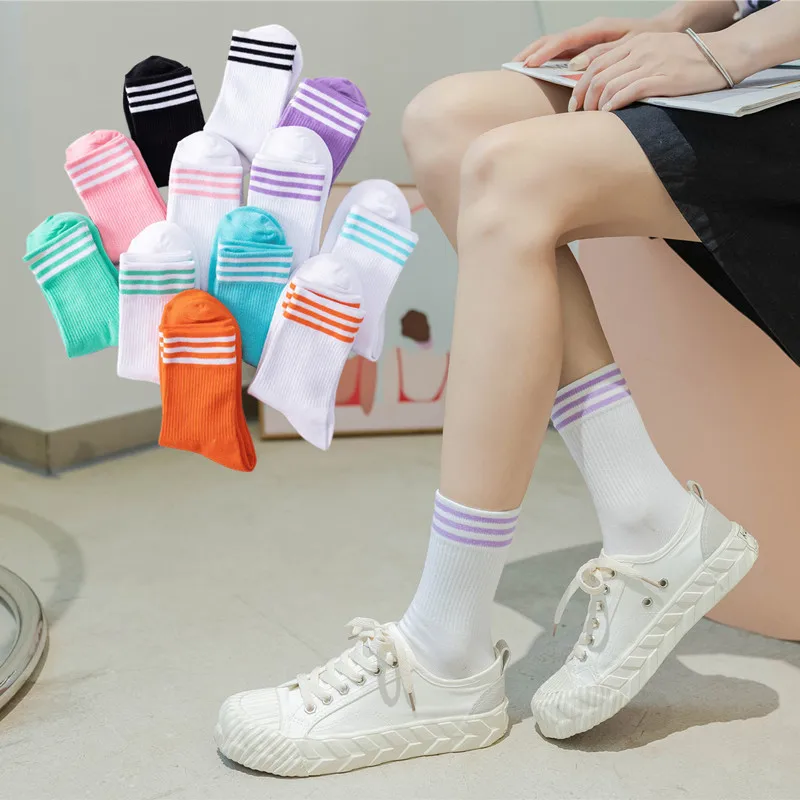 Spring Summer Socks Women Woman White Black Striped Cotton Tube Pile Socks Ins Tide Socks Cute College Style Calcetines Mujer