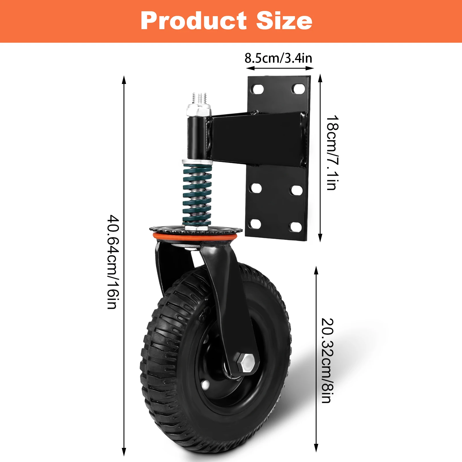 Spring Loaded Fence Gate Wheel Heavy Duty, 8 Inch 600 Lbs Capacity Caster for Swing Gates, 360 Degree Universal Rotation Roller with Mounting Plate and Screws, Universal Fit for Metal Tube and Wooden Gate
