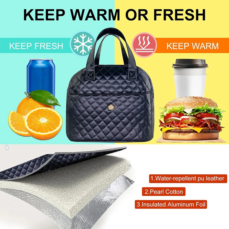 PU Leather Plaid Pattern Lunch Bag For Women Thermal Insulated Lunch Box Tote Aluminum Foil Insulation Storage Bag