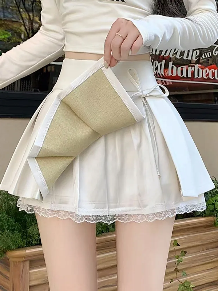 Princ Sle Falda ortopé plisada de cuero PU para mujer Otoño Invierno con ribete de encaje Nudo f Falda Anti-Light A-Line o...