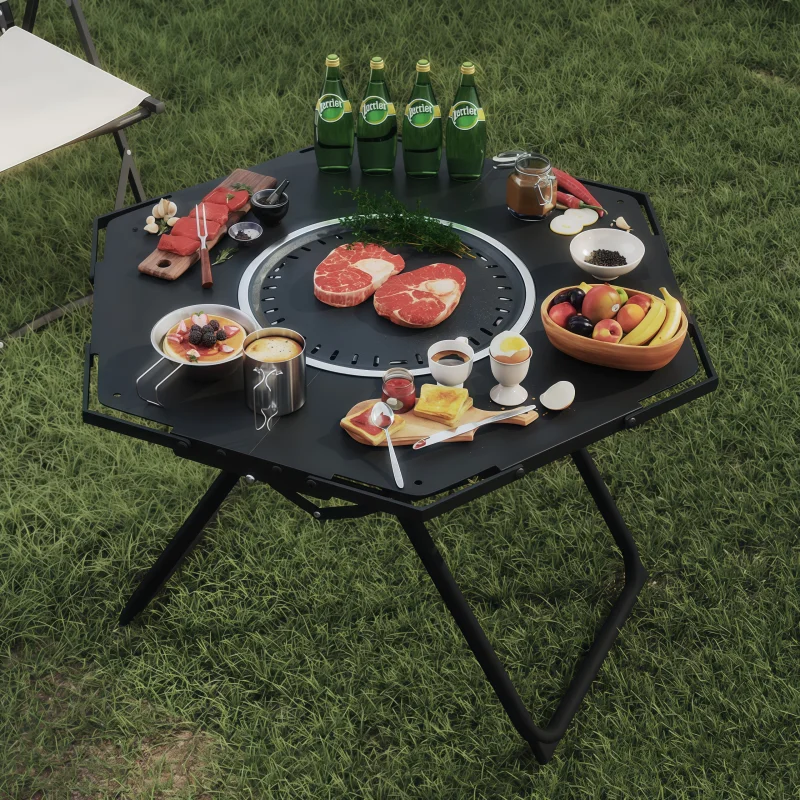Portable Folding Round Camping Table Outdoor Barbecue Picnic Cooking Grilling Heavy Duty Aluminum Lightweight Compact for Travel