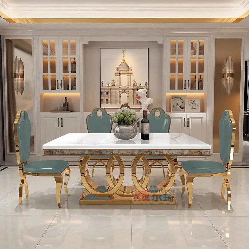 심플 로얄 스테인리스 스틸 식탁 세트 6인용 8인용 10인용 대리석 상판 골드 베이스 메탈 식탁 및 의자 세트 6인용