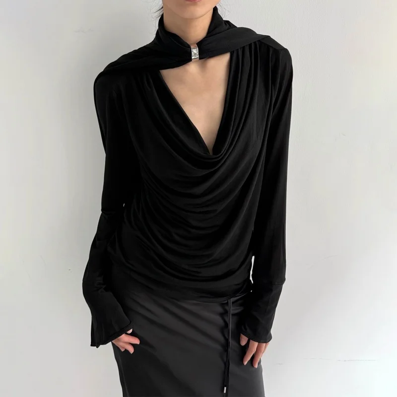 

Autumn New Women's V-neck Swinging Collar Strap Metal Buckle Loose Long Sleeve Shirt y2k Retro Versatile Fashion Casual Top