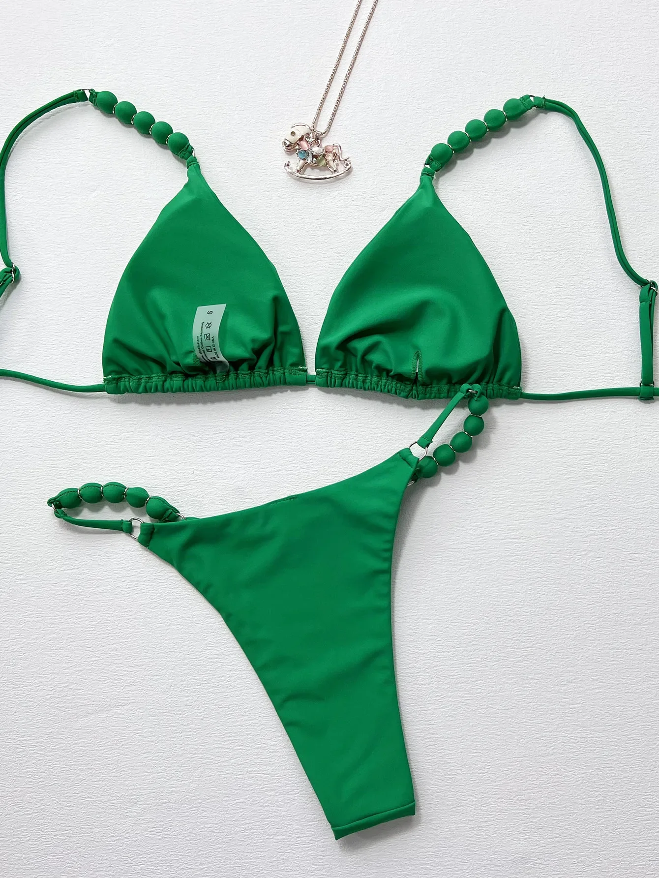 Solido Verde Costumi Da Bagno 2023 Donne Catena di Perline Due Pezzi Bikini Della Bretella Estate Brasiliana Perizoma Spiaggia Costume Da Bagno Monokini XMC880R
