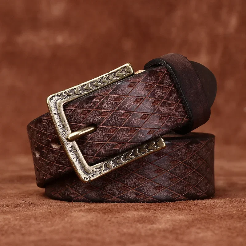 

3.8CM Genuine Leather Belt For Men High Quality Copper Buckle Jeans Cowskin Casual Belts Cowboy Diamond Carving Waistband Male