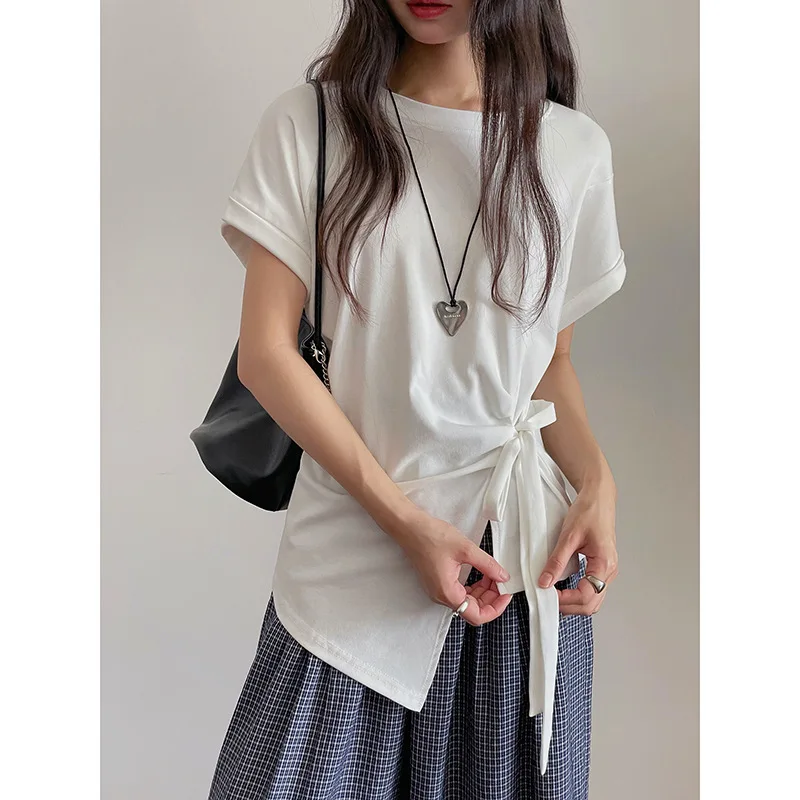 Dames T-shirt in Franse stijl met stropdas in de taille Zomer Casual top met korte mouwen en riemdetail Comfortabel katoenmix Basic T-shirt