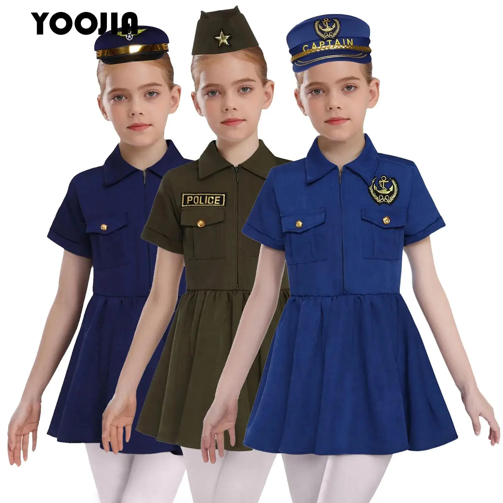 

Girls Police Officer Costume Kids Cop Outfit for Halloween Role Play Carnival Dress Up Pilot Captain Zipper Dress with Hat Set