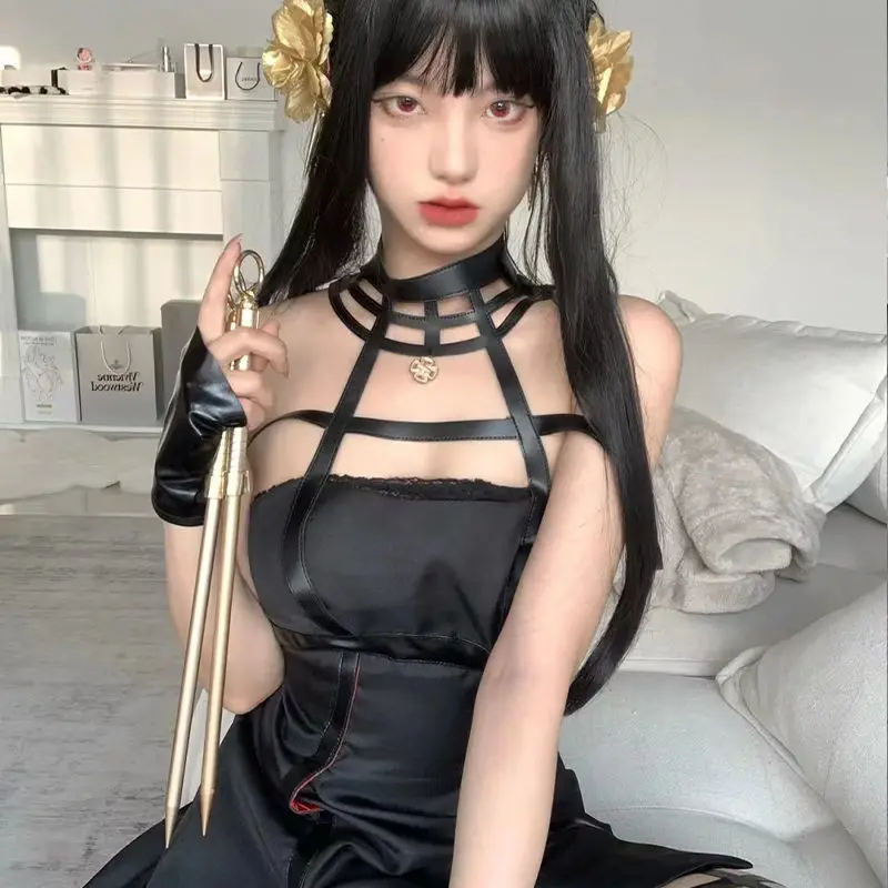 Anime Spy X Familie Yor Forger Cosplay Gothic Halter Schwarz Kleid Leder Strümpfe Outfit Yor Ohrring Perücke Frauen Kleidung