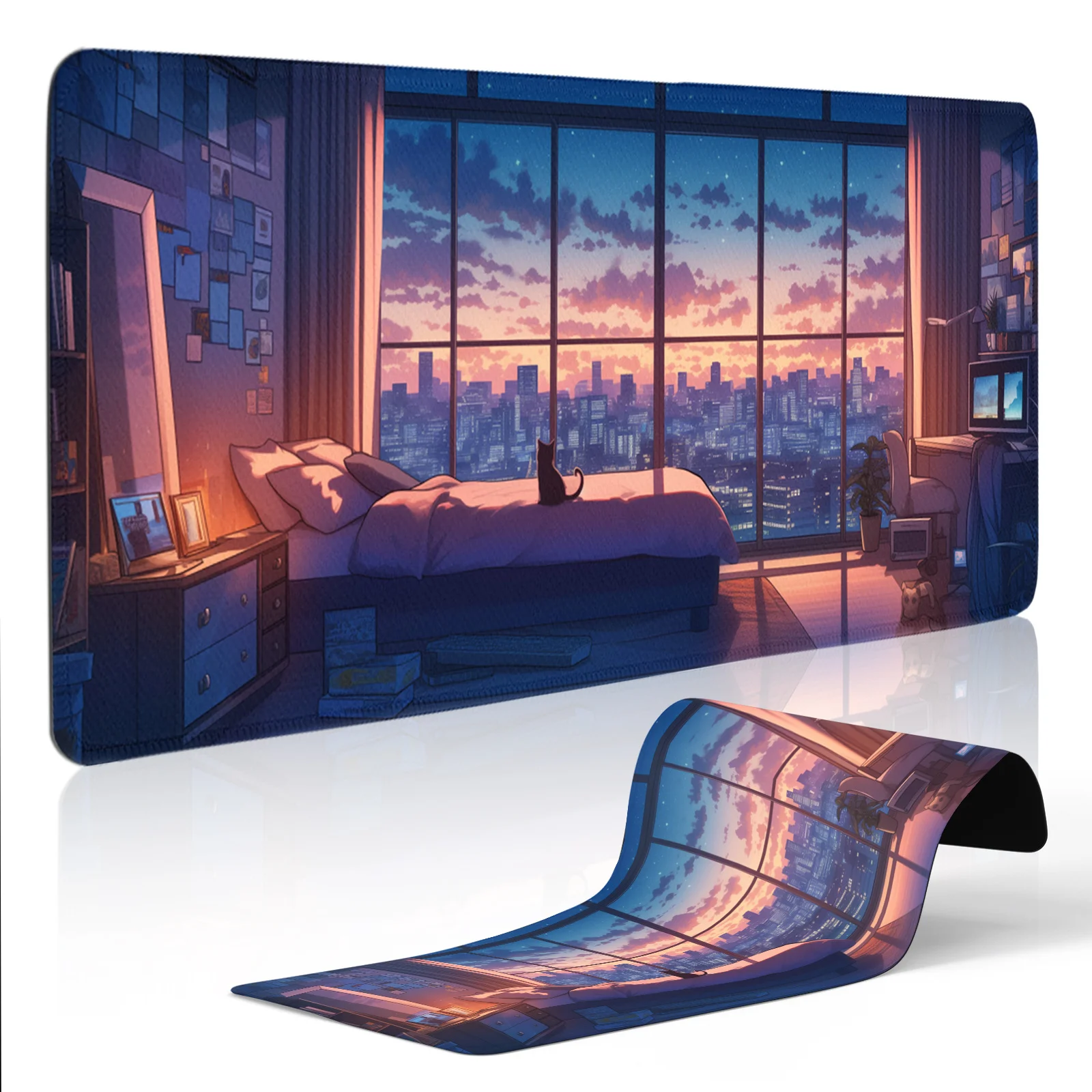 

Cat sits on the bed with a mousepad a large expansion office and a universal HD printed PC mechanical keyboard for gamers