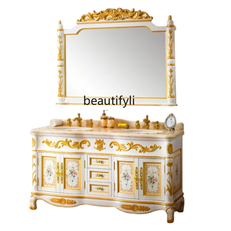 Customized European bathroom cabinet washbasin combination solid wood floor-to-ceiling painted hand-painted washbasin washbasin