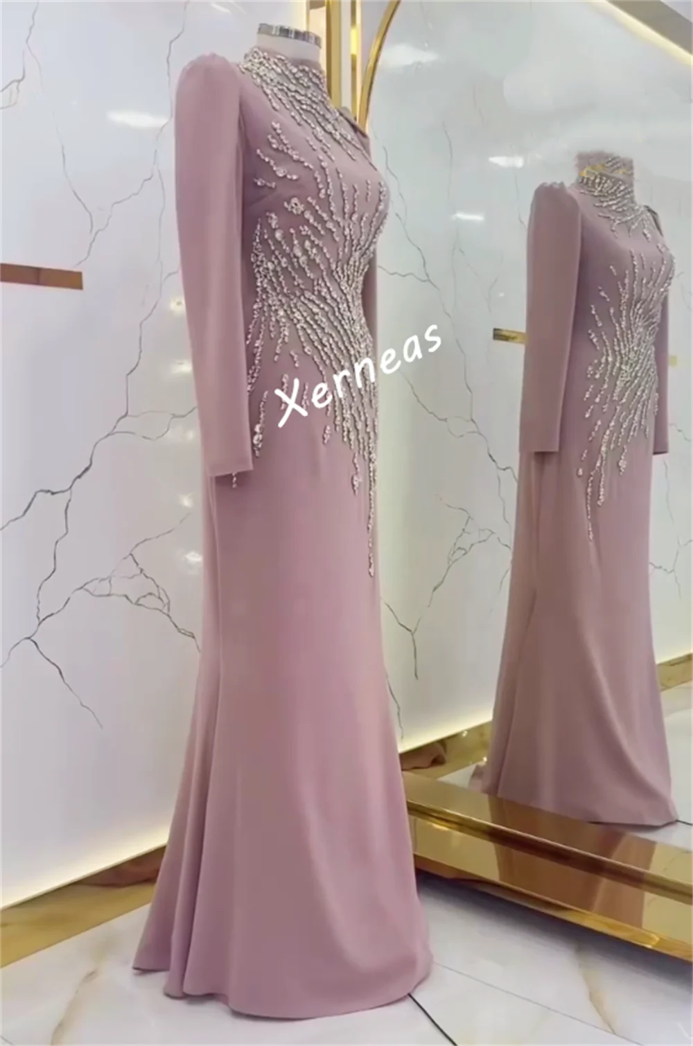 Personalizado de alta qualidade festa à noite strass brilho sob medida ocasião clássico elegante gola alta trompete vestidos longos