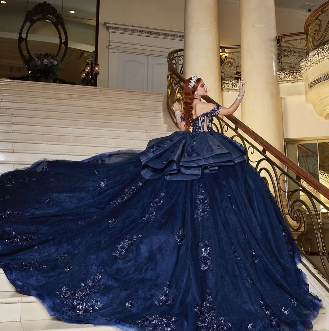 Navy Blue Quinceanera Dresses Long for Sweety 16 18 Off the Shoulder Lace Appliques Corset Ball Gown Prom Dresses Customized