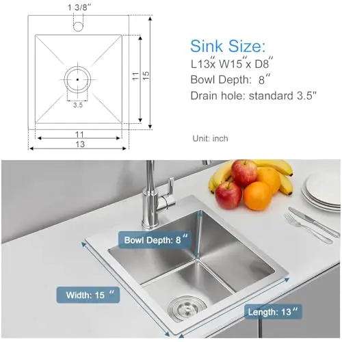 

13x15 Inch Drop-In Single Bowl Bar Sink 16 Gauge 304 Stainless Steel Top Mount With Strainer And Towel Ring