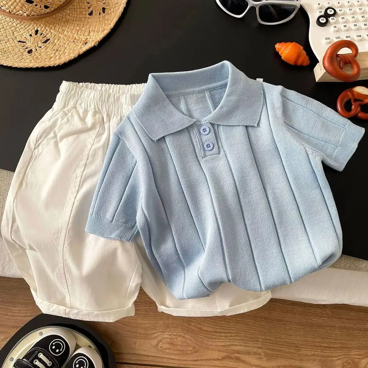 

Children's Summer Set Fashion New Style Boys' Solid Color Knitted Short Sleeve Polo Shirt+Shorts Two Piece Set