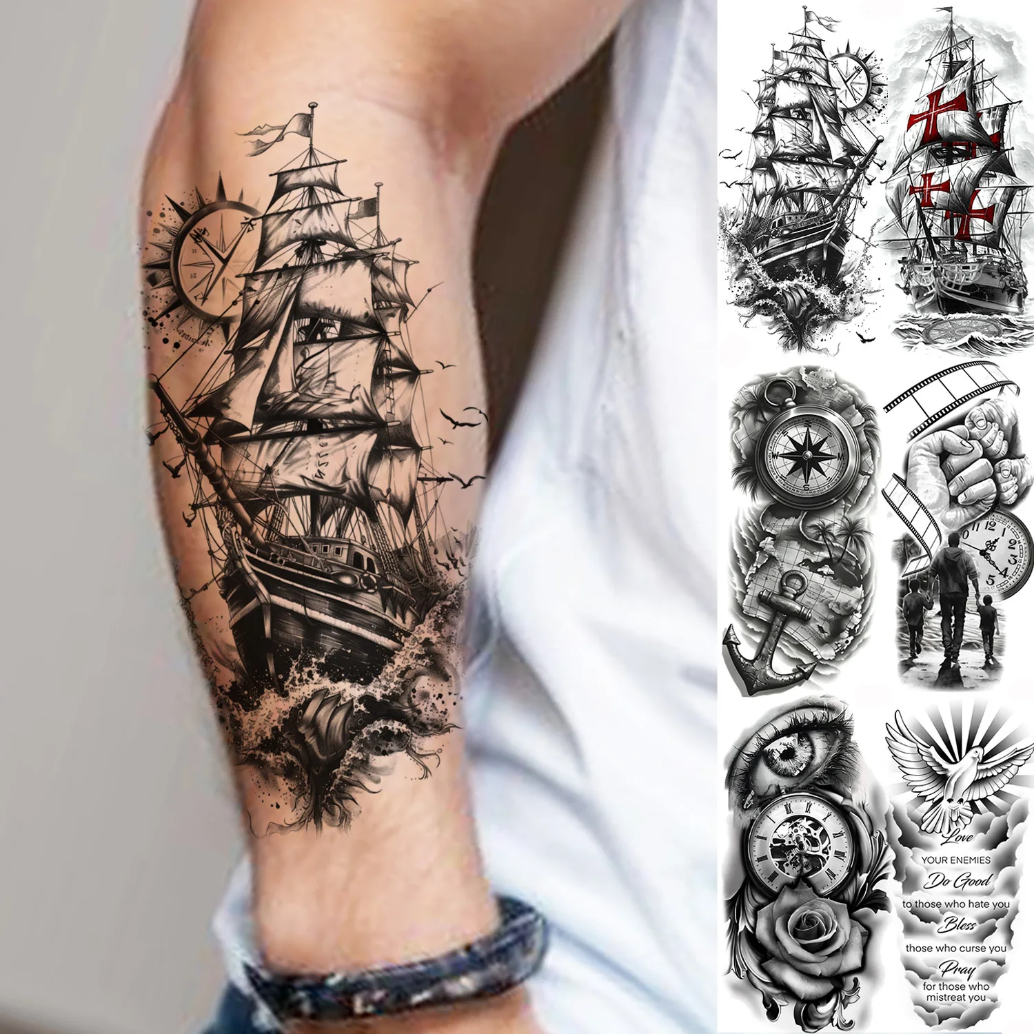 1 Sheet Waterproof Pirate Ship Sailboat Temporary Tattoos For Men Women Realistic Compass Clock Fake Tattoo Sticker Long Lasting