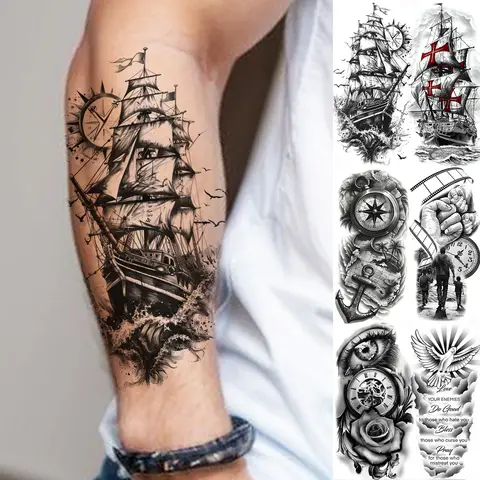 Tatouages temporaires imperméables pour bateau Pirate, voilier, pour hommes et femmes, boussole réaliste, horloge, faux tatouage autocollant longue durée, 1 feuille