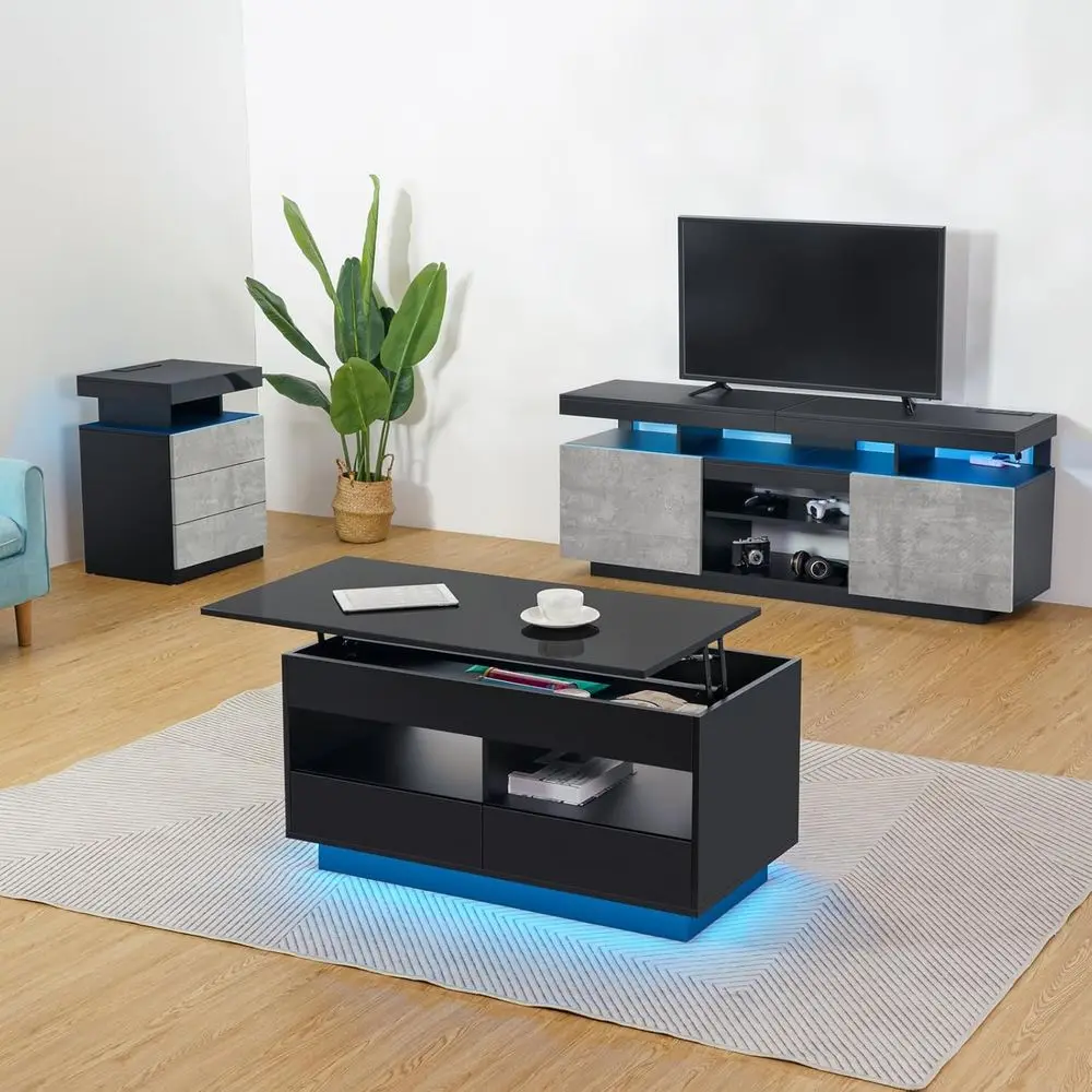 

Комплект для отдыха из 2 предметов со светодиодной подсветкой: журнальный столик с местом для хранения и подставка под телевизор для телевизоров до 70 дюймов — серый и черный