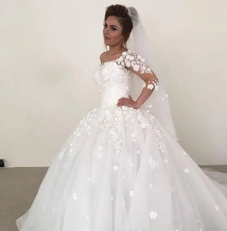 

Customized 3 D Appliques Lace Off The Shoulder Vestido De Noiva Muslim Sweep Train Ball Gown Long Sleeves Wedding Dress
