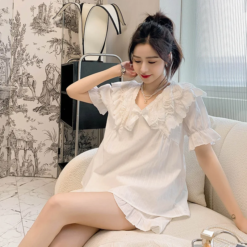 

Summer Cotton Short Sleeve Female Pajamas Princess Lady Two Piece Set Homewear Women Loose Casual Sleepwear Nightwear