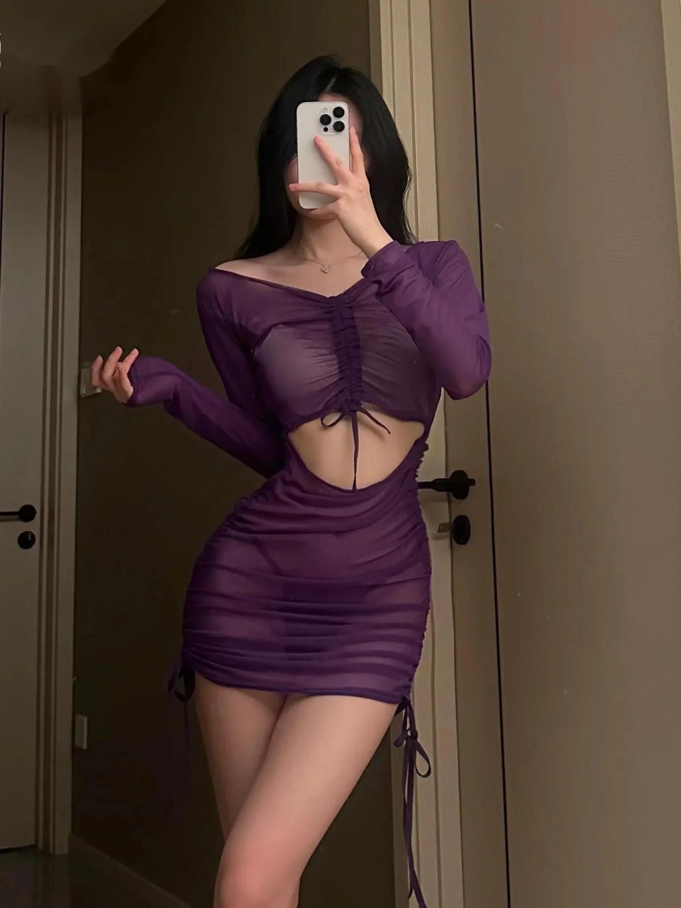 نمط المرأة الكورية منظور يتعرض البطن بأكمام طويلة ملفوفة الورك فستان مثير فتاة لينة الخامس الرقبة بلون البساطة EU4S #3