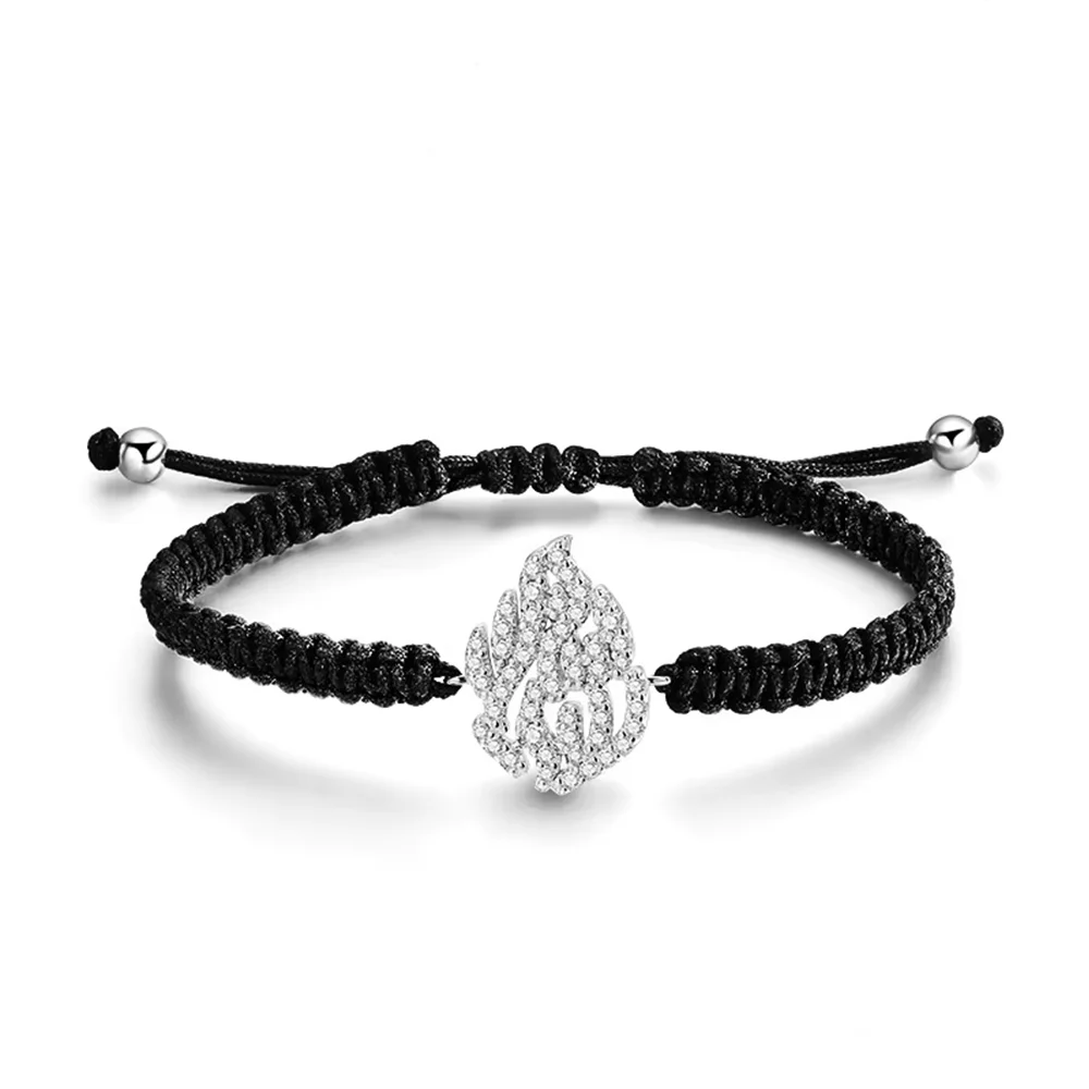Gourch Flame Design Moissanite Black Braided Cord Bracelet S925 Silver  Women&Men Adjustable Drawstring Daily Wear Jewelry Gift