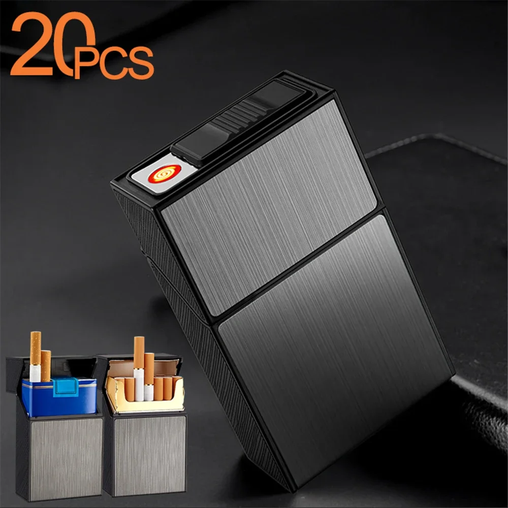 2-in-1 Cigarette Case USB Charging Lighter Metal Cigarette Box Flameless Windproof Cigar Tobacco Holder Box Smoking Accessories