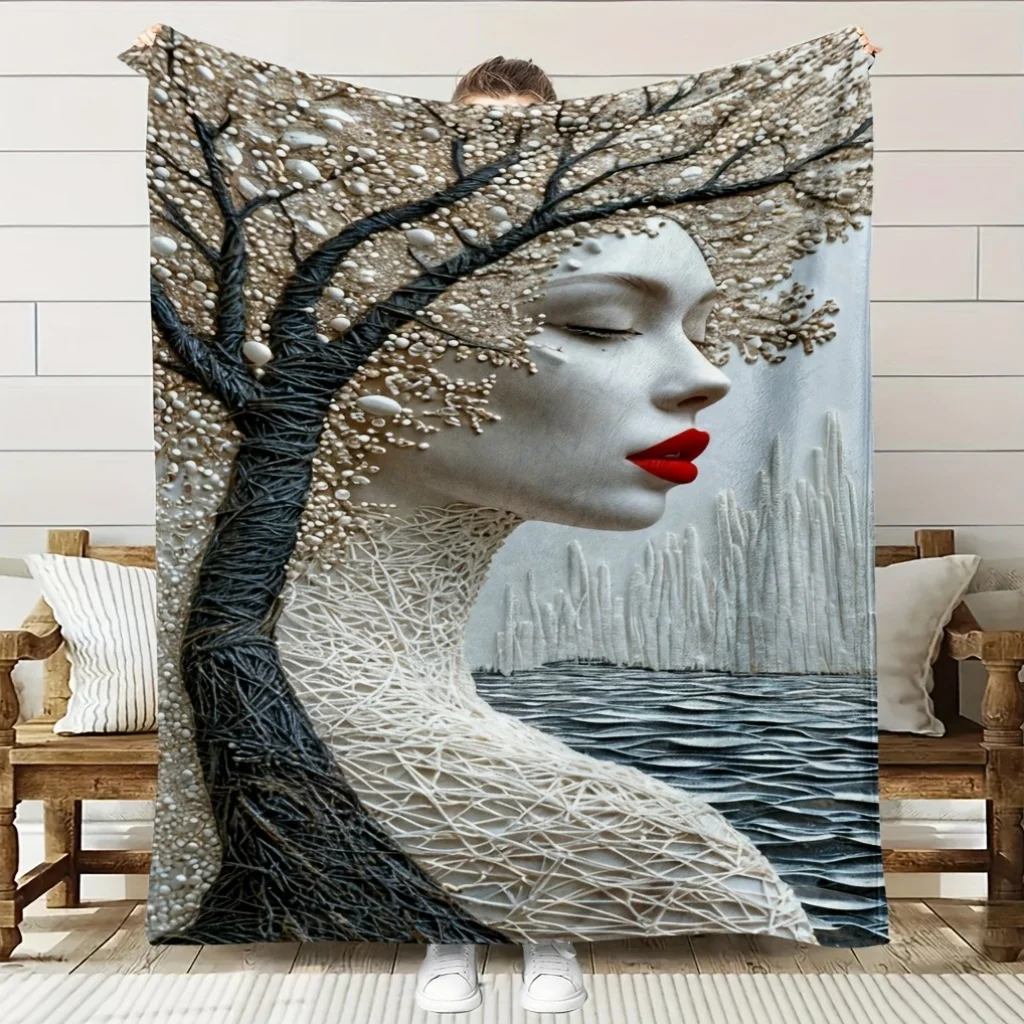 1pc Elegant Woman & Tree Fleece Blanket - Soft Breathable All-Season Luxury Bedspread Throw - Modern Minimalist Artistic Woman