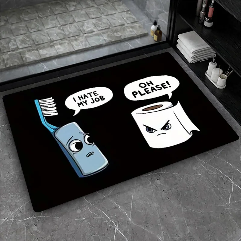 Funny Bathroom Door Mat with Cartoon Toothbrush & Toilet Paper, Humor 