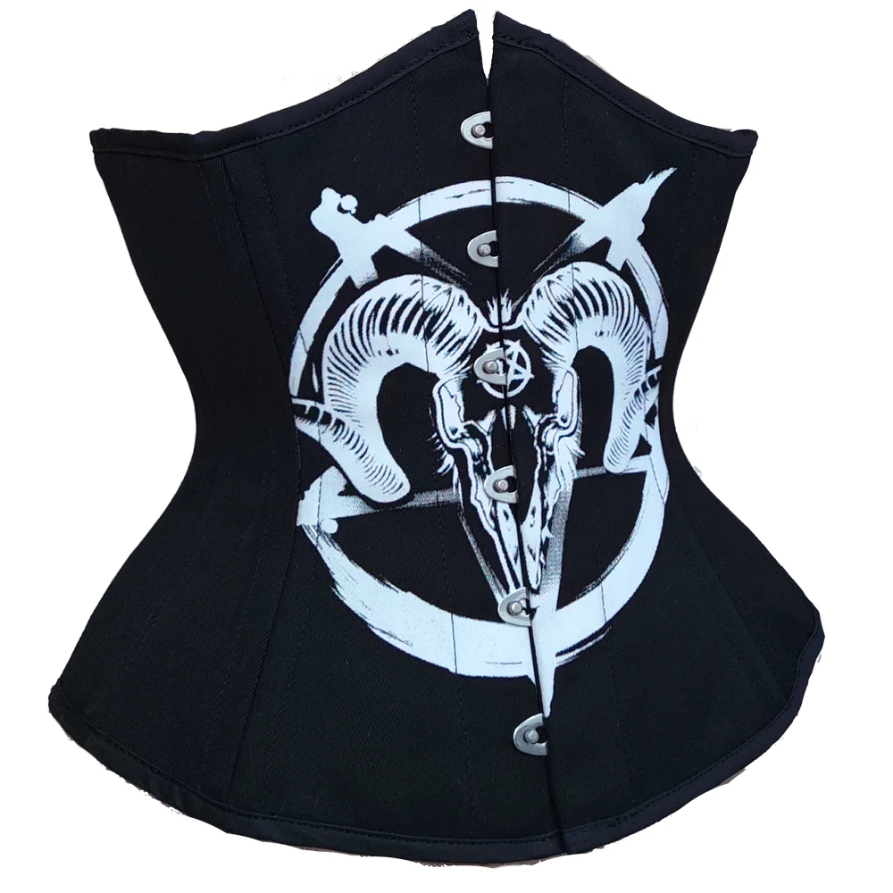 Steel Boned Baphomet Goat Head Plunge Corset Underbust for Women Gothic Waist Trainer