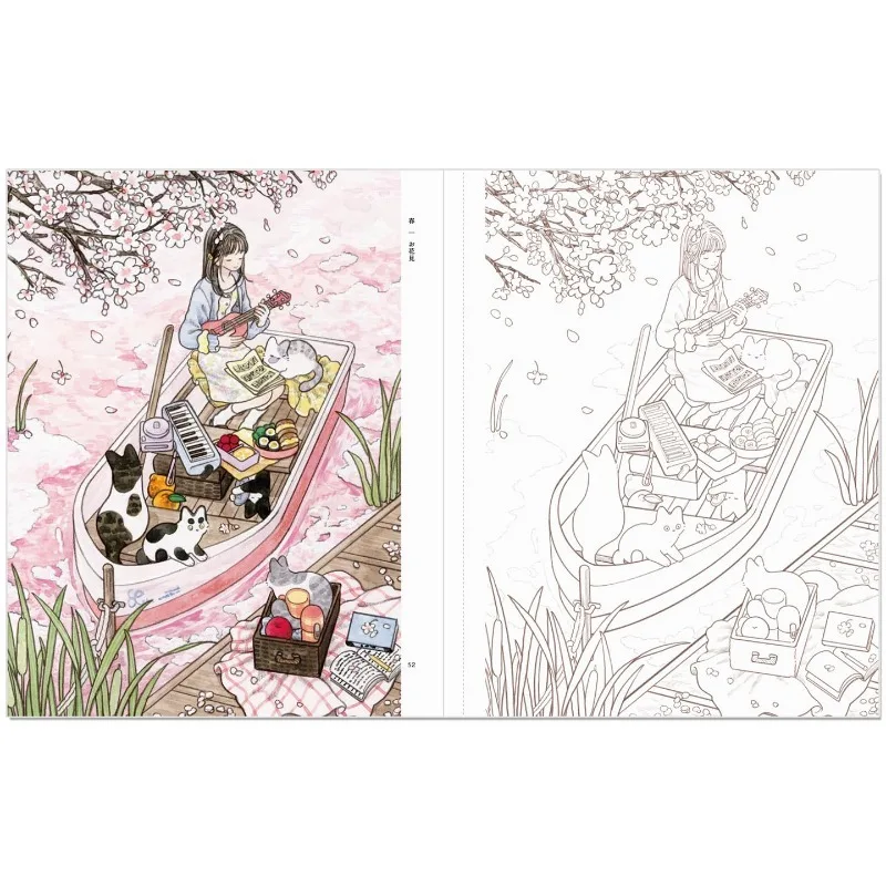 Shoujo Neko Fairy Tale Coloring Book Girls & Cats in Four Seasons Illustration Collection Relaxing Art Therapy Japanese