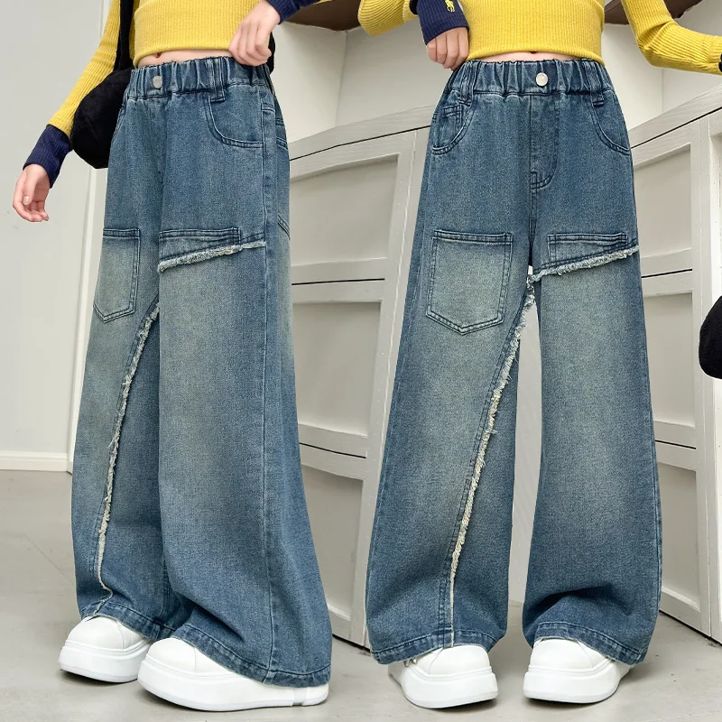 

New Stylish Children Asymmetrical Jeans For Hot Girls Fashion Street Blue Denim Pants Elegant Kids Trendy Jeans Trousers 4-14Y