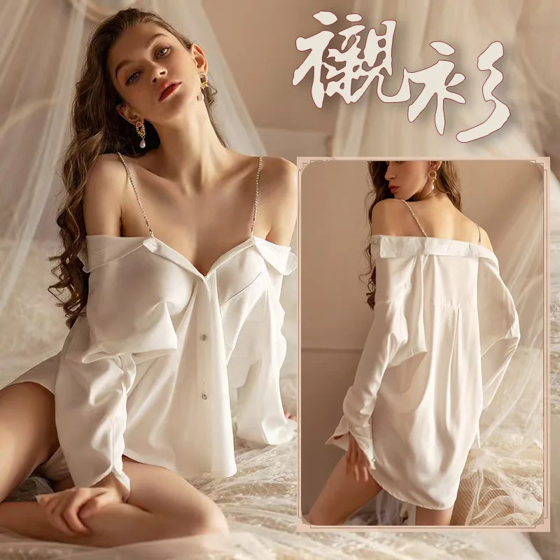 New Sexy Chiffon Suspender Dress Boyfriend Style White Shirt Shoulder See-through Pajamas Suit