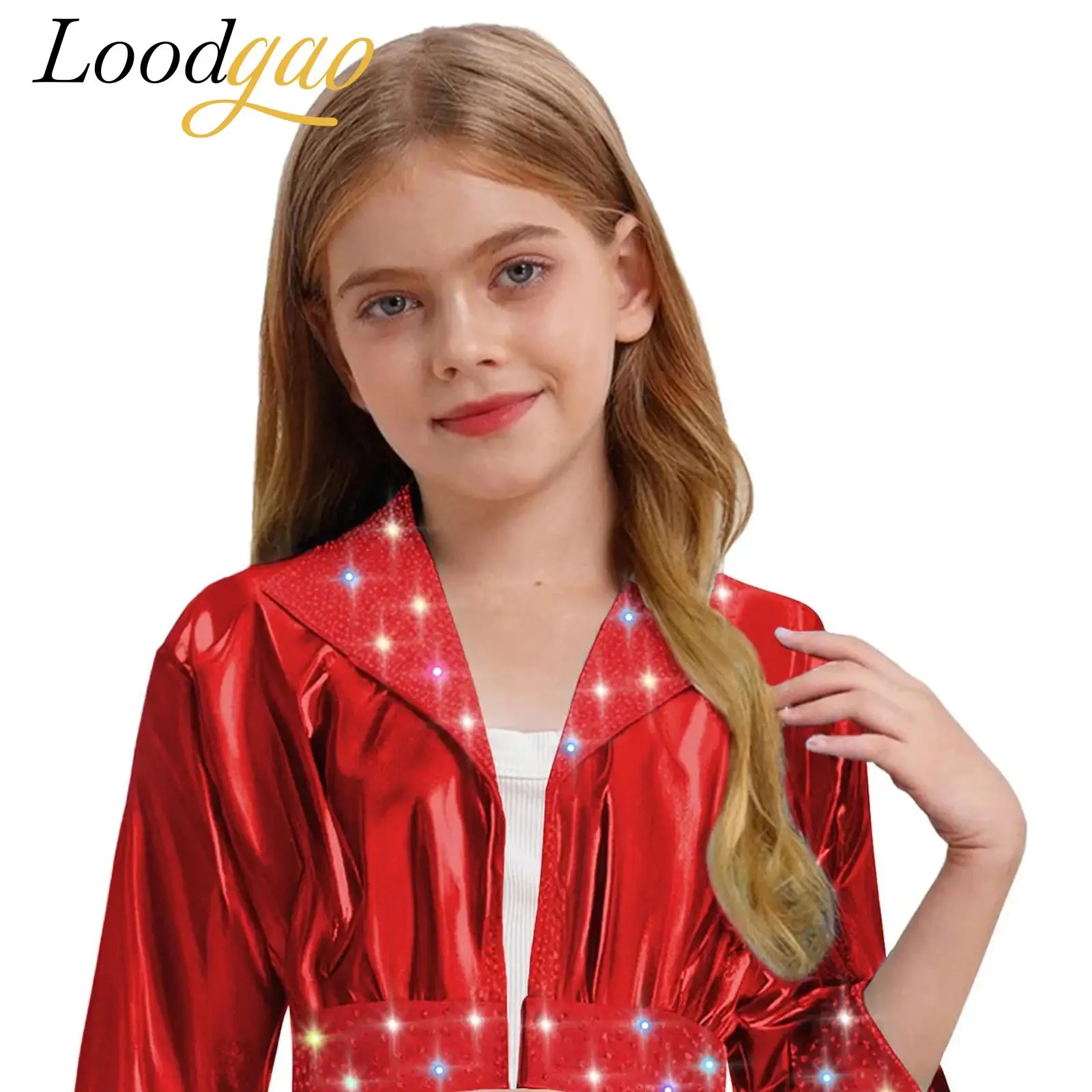 

Одежда для танцев, детские пальто с воротником с лацканами, детская верхняя одежда, уличная одежда металлик для девочек, блестящая куртка для джазовых танцев, костюм в стиле хип-хоп, топ