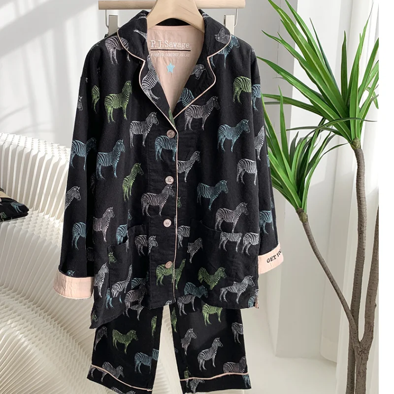 Stylish 100% Cotton Cartoon Pajamas Set Women's Sleepwear Spring Autumn New Nightwear Pijamas Suit Loose Casual Homewear Pjs
