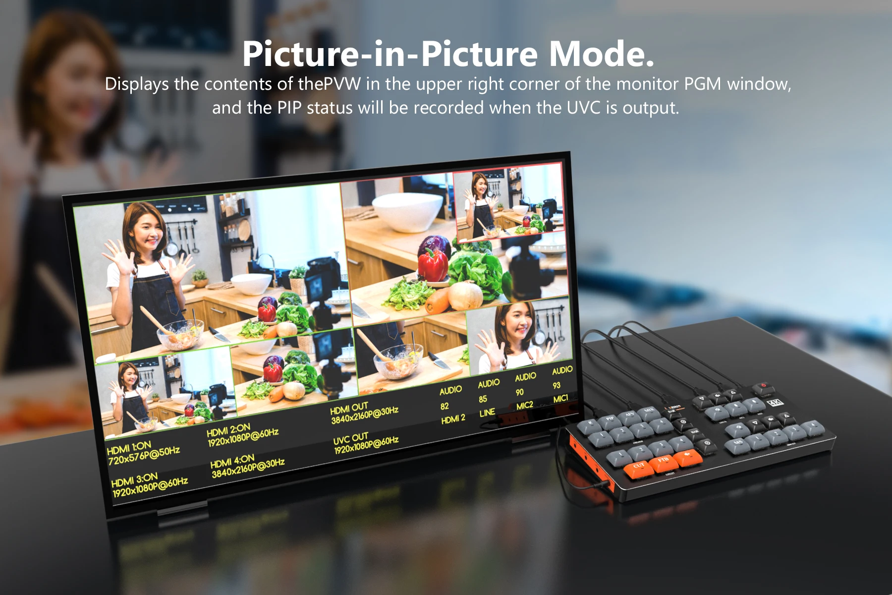 VRRIIS 4K Video-Switcher mit 4 HDMI-Eingängen, HDMI-kompatibel für Live-Streaming-Ausrüstung, Kartenmischer, Fotostudio-Kamera – Detail 3