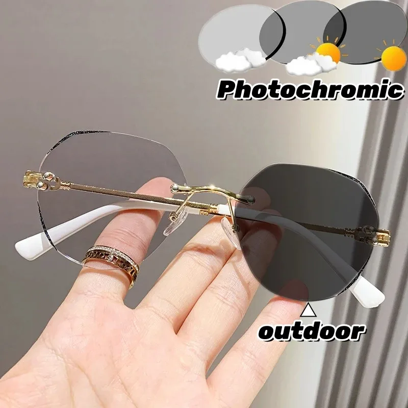 Mode Cut Edge Presbyopie Brillen Photochrome Rahmenlose Lesebrille Anti Blau Licht High-definition Weit Sicht Brillen