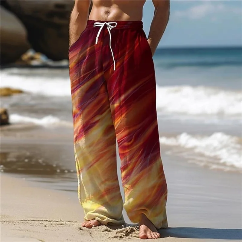 2025 جديد الرجال الصيف الرباط سراويل تقليدية ثلاثية الأبعاد التدرج شريط عطلة الشاطئ مستقيم الساق السراويل أنيق الرجال بناطيل الشواطئ #1