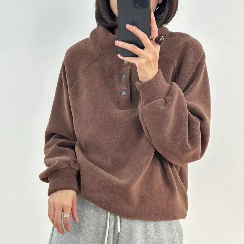 Kein Hut Hoodies Frauen Herbst College Grundlegende Feste Beiläufige Alle-spiel Stehkragen Taste Trendy High Street Koreanischen Stil mujer Gemütliche