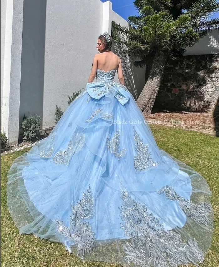 Sky Blue Princess Quinceanera Dress For Women Sparkling Sweetheart Bustier Beaded Boning Corset Lace Trim xv year old dress