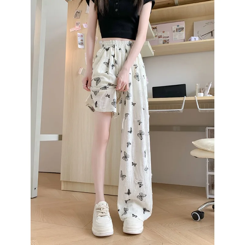 

Женские летние широкие брюки из ледяного шелка с высокой талией, струящиеся повседневные брюки с принтом бабочки, прямой крой, миниатюрный