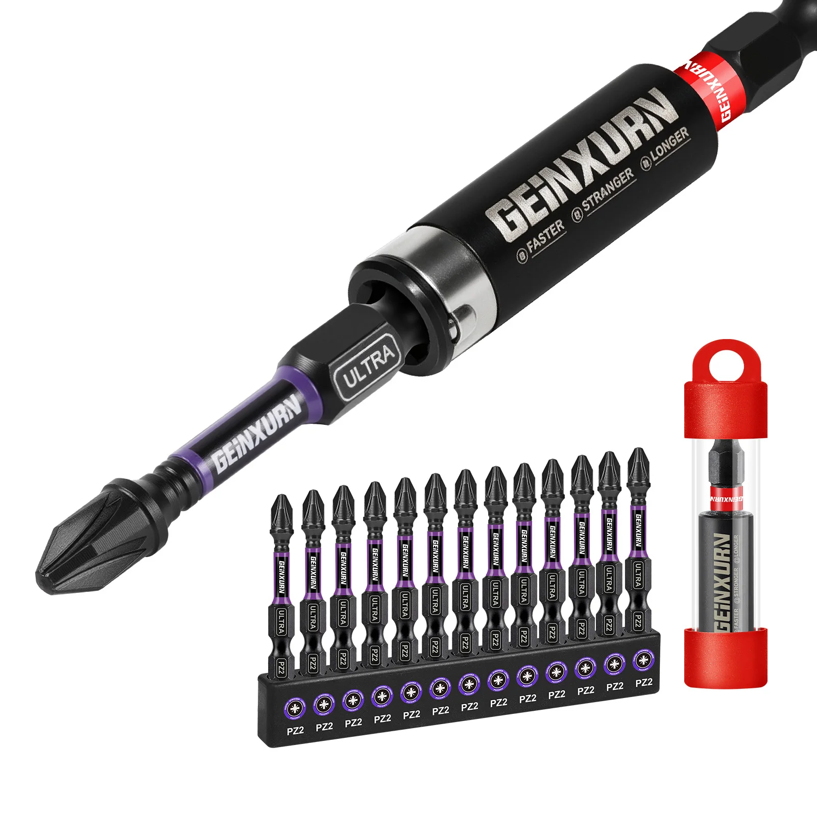 Geinxurn Impact #2 Pozidriv Screwdriver Bits Set, 2'' Magnetic S2 Steel Bits Set and Impact Bit Holder with Color Coded Base