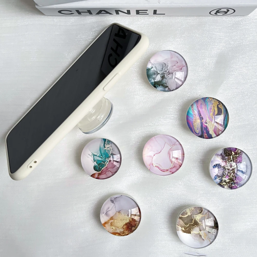 Soporte para teléfono de cristal con patrón de mármol, enchufe plegable para teléfono móvil, empuñaduras de cristal para teléfono