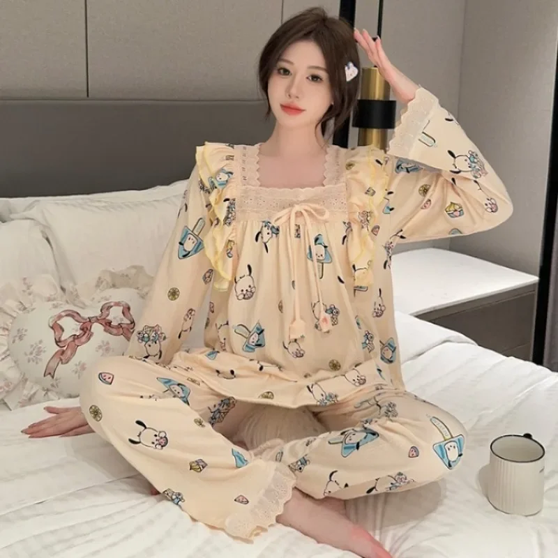 Plus Size Ladies Home Wear Korean Squre Neck Imitation Cotton Wrinkled Cloth Pajamas Cartoon Long-sleeved Long Pants Loose Set