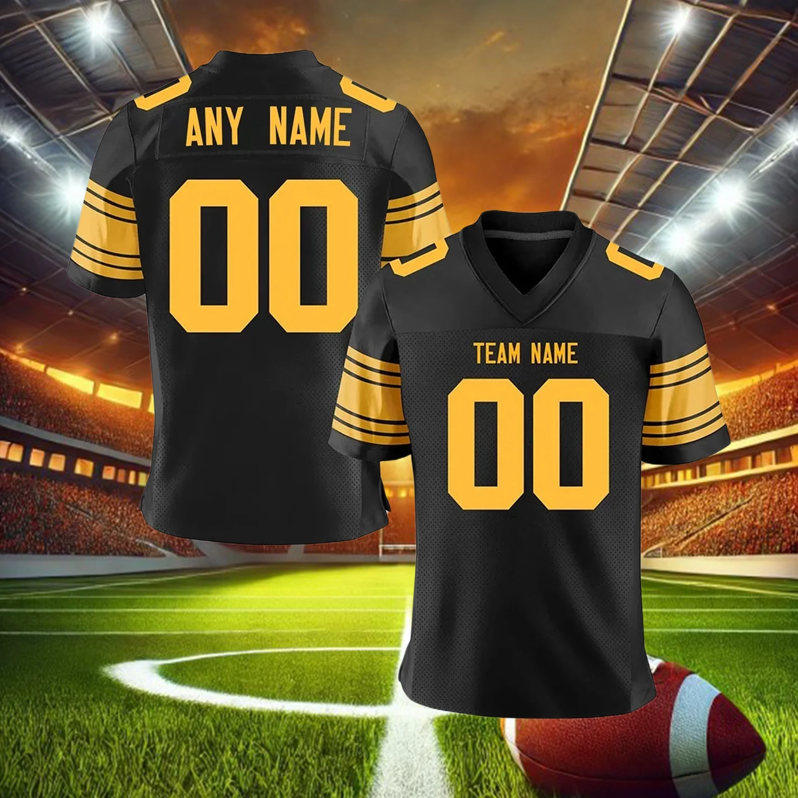 Personalized Black Gold American Football Jersey Custom Printed Team Name Number Fans Gift Men Women Youth Football Top