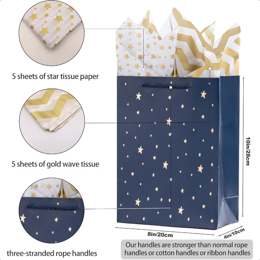 أكياس الهدايا 10 عبوات من أكياس ورق الكرافت باللون الأزرق الداكن مع نجوم من رقائق الذهب مع مقابض كبيرة الحجم لرفقاء العريس هدايا عيد الميلاد 8x4x11inc