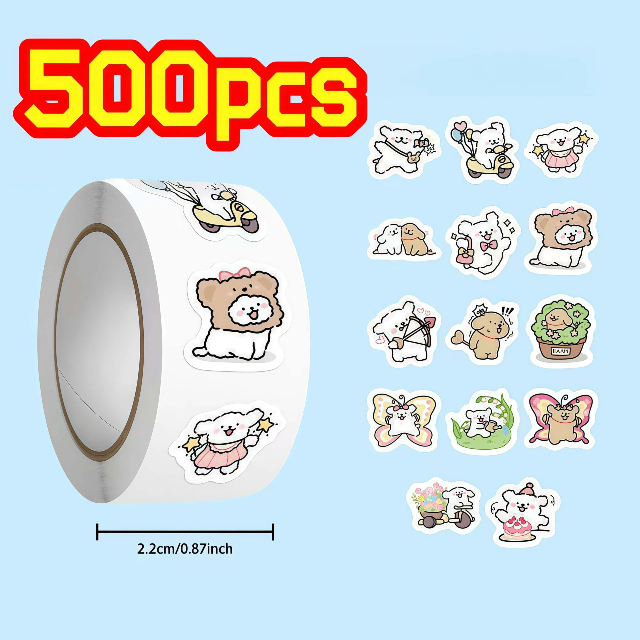 500Pcs/Roll Kawaii Dog Stickers, Cute Cartoon Puppy Decals for DIY, Journal & Gift Embellishment