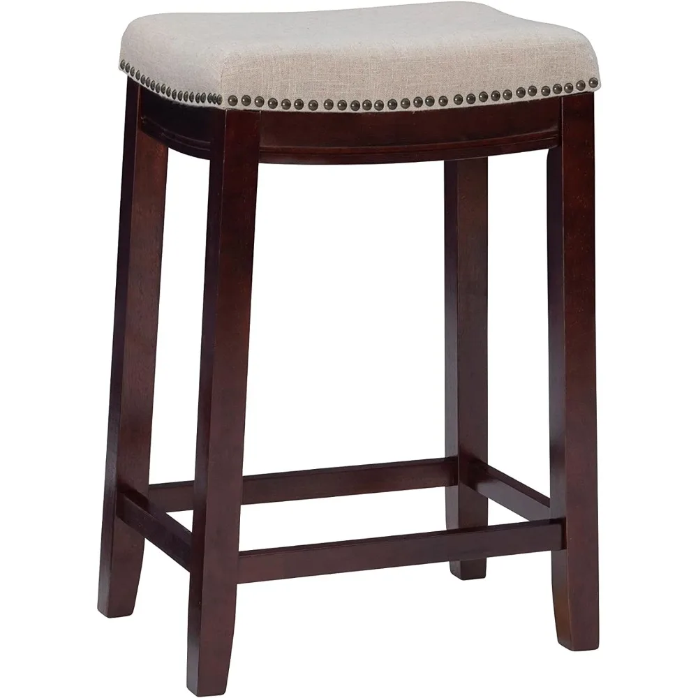 Linon Linen Backless Claridge Stool, Counter Height, Beige & Dark Walnut